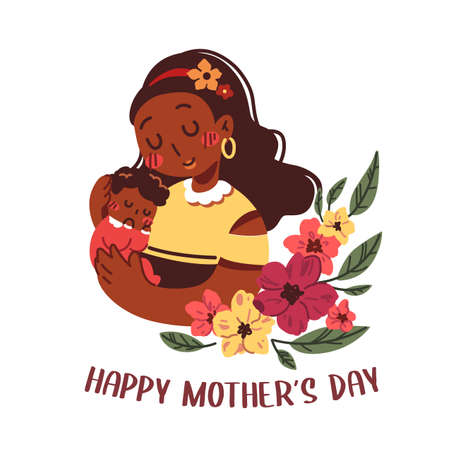 Happy Mother's Day flat vector illustration on white background. Cute little daughter and mom smiling and hugging. Family time being together with floral decorationのイラスト素材