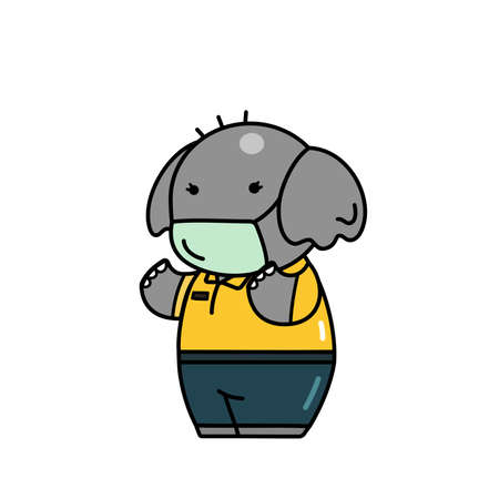 A cute elephant wearing sanitary mask prevent coronavirus, flu, dust cartoon character with black outline flat vector illustration isolated on white background.のイラスト素材