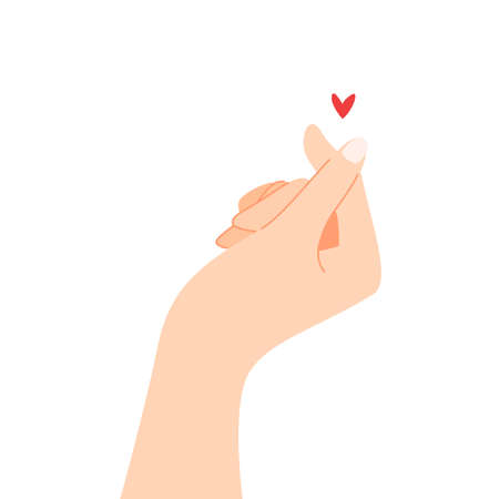 Beautiful hands making a heart shape to express feeling of love cartoon flat vector illustration isolated on white background. Sending romantic feeling with mini heart. Happy Valentine's Day.のイラスト素材