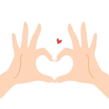 Beautiful hands making a heart shape to express feeling of love cartoon flat vector illustration isolated on white background. Sending romantic feeling with mini heart. Happy Valentine's Day.のイラスト素材