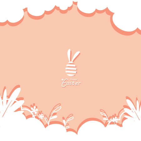 Happy Easter banner on white background decorated with colorful floral and leaves flat vector illustration. Horizontal pastel background design for website in  spring theme.のイラスト素材