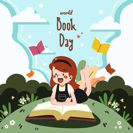 Men and women raise and holding a book and enjoy studying together on white background with text. World book day concept cartoon flat vector illustration. International literacy day.のイラスト素材