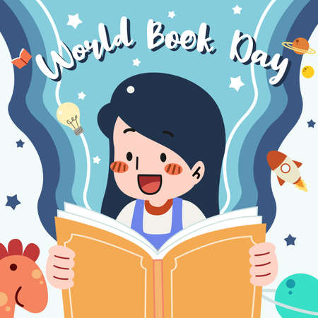 Men and women raise and holding a book and enjoy studying together on white background with text. World book day concept cartoon flat vector illustration. International literacy day.のイラスト素材