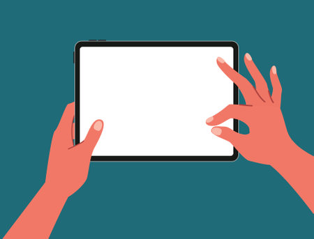 Top view of hands using and zoom in a blank tablet for social media, working, content creator, study gaming or lecture flat vector illustration on white screen. Working on blank space tablet.のイラスト素材