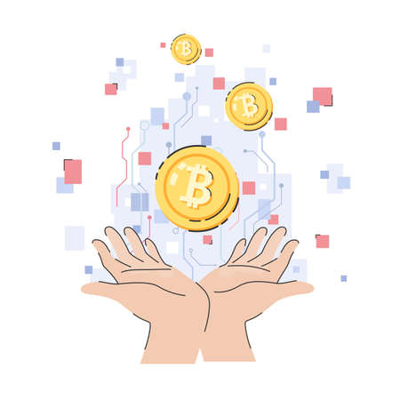 Two hands holding cryptocurrency coins on digital circuit background cartoon flat vector illustration isolated on white background. Cryptocurrency investment in modern technology concept.のイラスト素材
