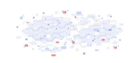 Blue and red circuit technology concept on white background. Clean square particle and line digital,...