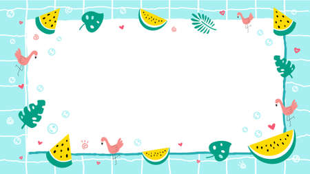 Summer background with frame decorated with yellow watermelons, tropical plants, flamingos, hearts on blue swimming pool flat vector illustration. Background design for website in summer themeのイラスト素材