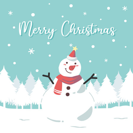 Cute Christmas card with snowman smiling happily in the forest covered with snow vector illustration. Merry Christmas and happy new year greeting card, banner, posterのイラスト素材