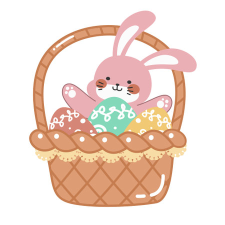 Cute little pink Easter bunny lying inside an Easter egg basket cartoon flat vector illustration isolated on white background. Cute smiling little rabbit with an pattern painted egg.のイラスト素材