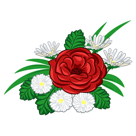 A composition with roses and daisies for greeting card or wedding invitation.のイラスト素材