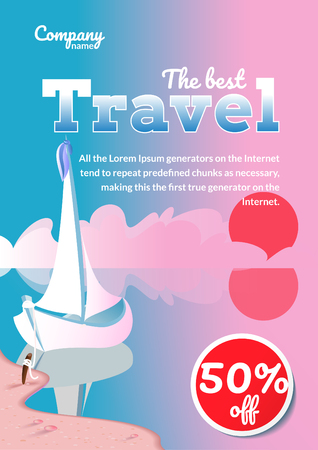Flyer with sea, sunset and boat. Vector illustrationのイラスト素材