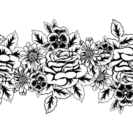 A seamless monochrome pattern of flowers for greeting cards on plain background.のイラスト素材