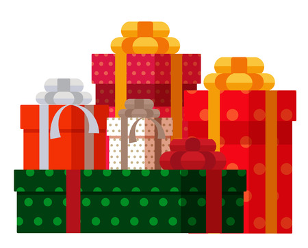 Colored gift boxes with ribbons and bows. Sketch for postcards, invitations, posters. Vectorのイラスト素材