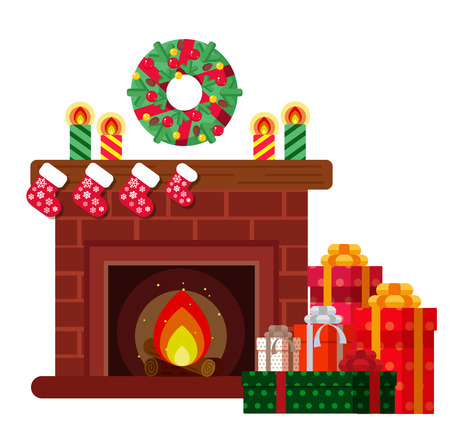 Christmas presents under the fireplace. Sketch of postcard, invitation, posterのイラスト素材