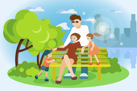 A family is resting in the park on a bench. family walk in the park.のイラスト素材
