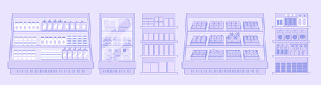 Interior of a grocery store. Showcases and refrigeration equipment with goods in the supermarket. Flat style. Vector.のイラスト素材