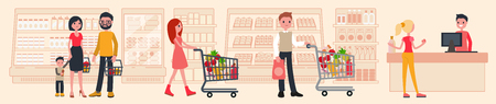 People buy at the mall. Interior of a supermarket. Vector. Flat style.のイラスト素材