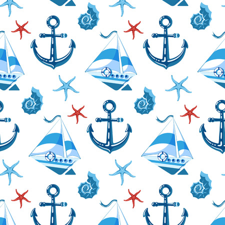 Seamless pattern in childrens style, with ships, anchor, seashell, starfish. In blue tones.のイラスト素材