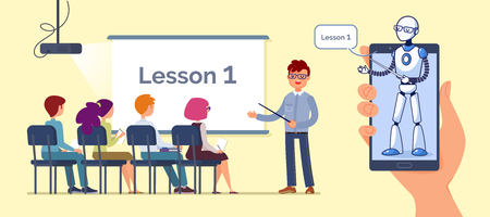 Artificial Intelligence. Teacher bot concept. Teacher lectures to students. Flat style vector illustration.のイラスト素材