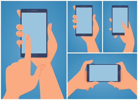 Hand holding phone. Flat style. A set of illustrations. Vectorのイラスト素材