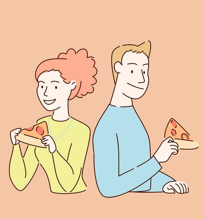 A man and a woman are smiling and eating pizza. Hand drawn style vector illustration.のイラスト素材