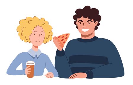 A man and a woman are smiling and eating pizza. Flat cartoon style vector illustration.のイラスト素材