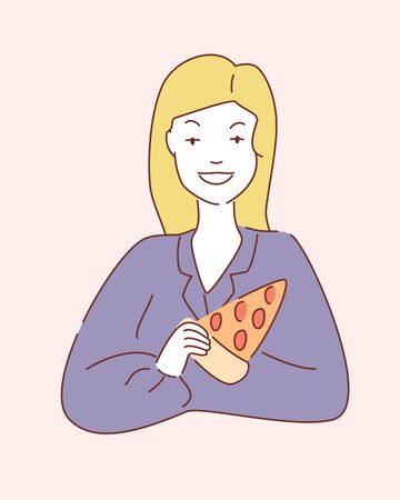 A  woman is smiling and eating pizza.  Hand drawn style vector illustration.のイラスト素材