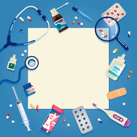 Medical Information Template with Blank Text Space. Blue Frame with the Image of Medicines. Vector Illustration in Flat Cartoon Style.のイラスト素材