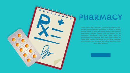 Medical information template with space for text and image of prescription with blister of pills on blue background. Vector illustration in flat cartoon style.のイラスト素材