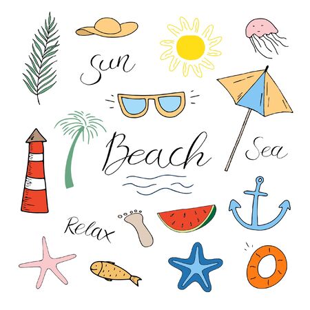 Vector hand draw illustration on white background. lettering. Hello summer, beach, sun, fruit.のイラスト素材