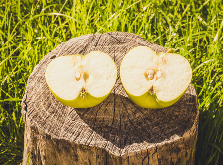 Green Apple cut in halfの写真素材