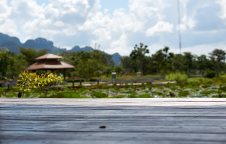 Wood floor with blur pond and garden backgroundの写真素材