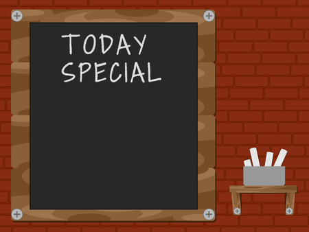 Wood Plate Menu Board with chalk and brick wall backgroundのイラスト素材