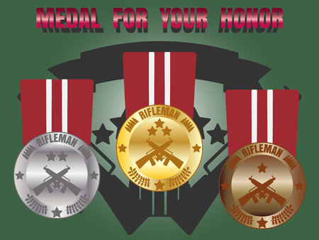 Medal skill honor rifleman badge set with three level medal gold silver bronzeのイラスト素材