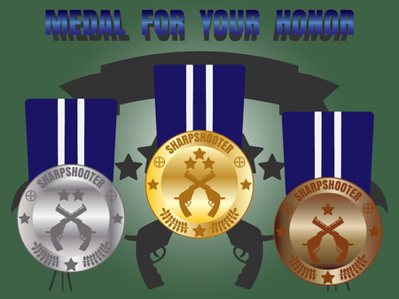 Medal skill honor sharpshooter badge set with three level medal gold silver bronzeのイラスト素材