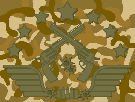 Military Pistol Shooter with star on top bullet at bottom and camouflage pattern in backgroundのイラスト素材