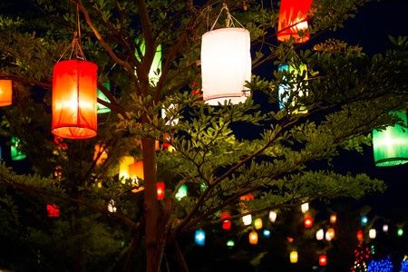 Colorful lanterns at night.の写真素材