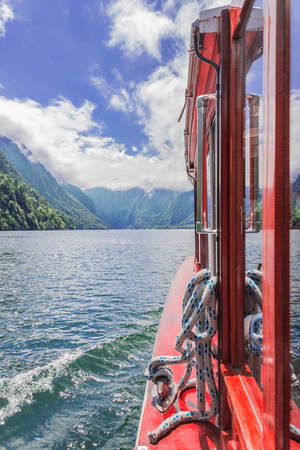 view from a boat window in the bavarian alpsの写真素材