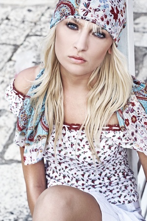 Hippie looking young blonde on a sunny day の写真素材