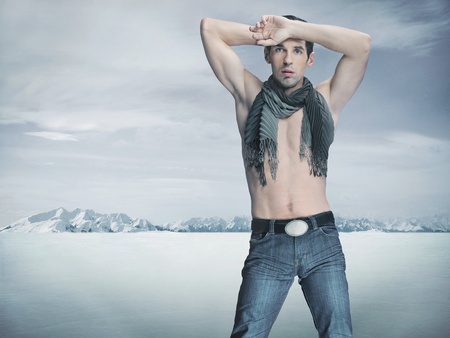 Winter style fashion shot of an attractive muscular guyの写真素材