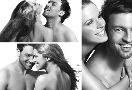 three views of a smiling couple in loveの写真素材