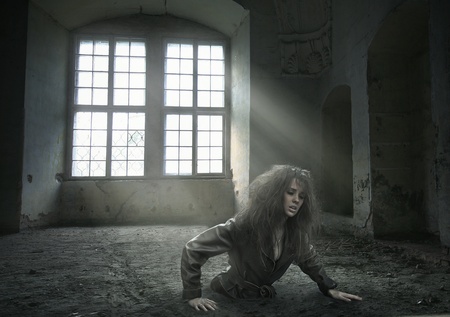 lost woman in the vacated room の写真素材
