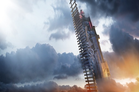 Conceptual photo of a train to the skyの写真素材