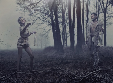 Mysterious photo of a woman releases birdの写真素材