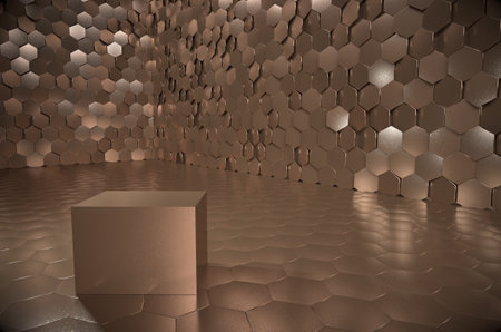 Tremendous vault with shiny golden cubeの写真素材