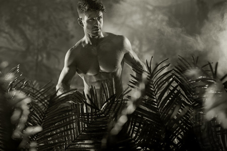 Black white photo of the nude male modelの写真素材