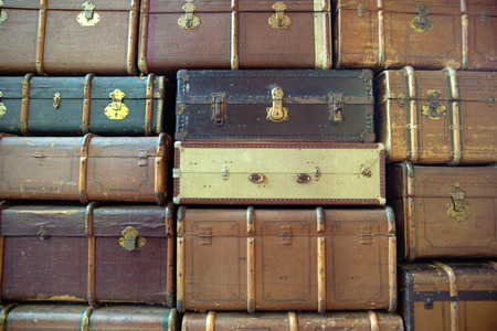 Wall of the retro wooden suitcasesの写真素材