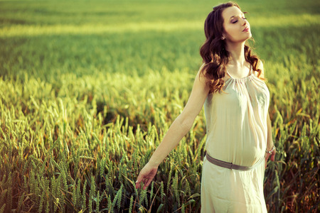 Pregnant lady walking on the corn fieldの写真素材