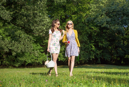 Two smiling women walking on the fresh green meadowの写真素材