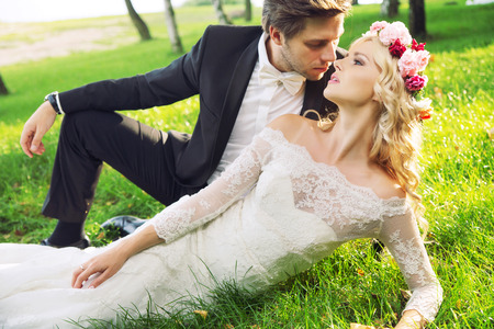 Romantic portrait of the young marriage coupleの写真素材